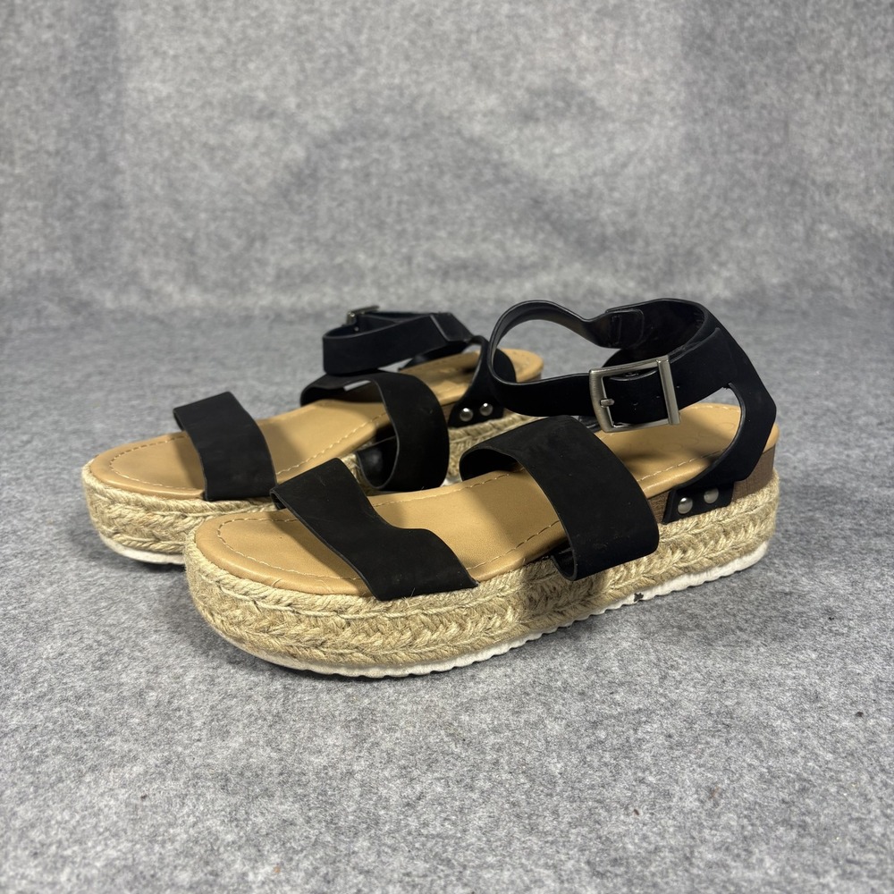 Corkys Bryce Platform Espadrille Sandals 7M Black Faux Suede Jute Wrap